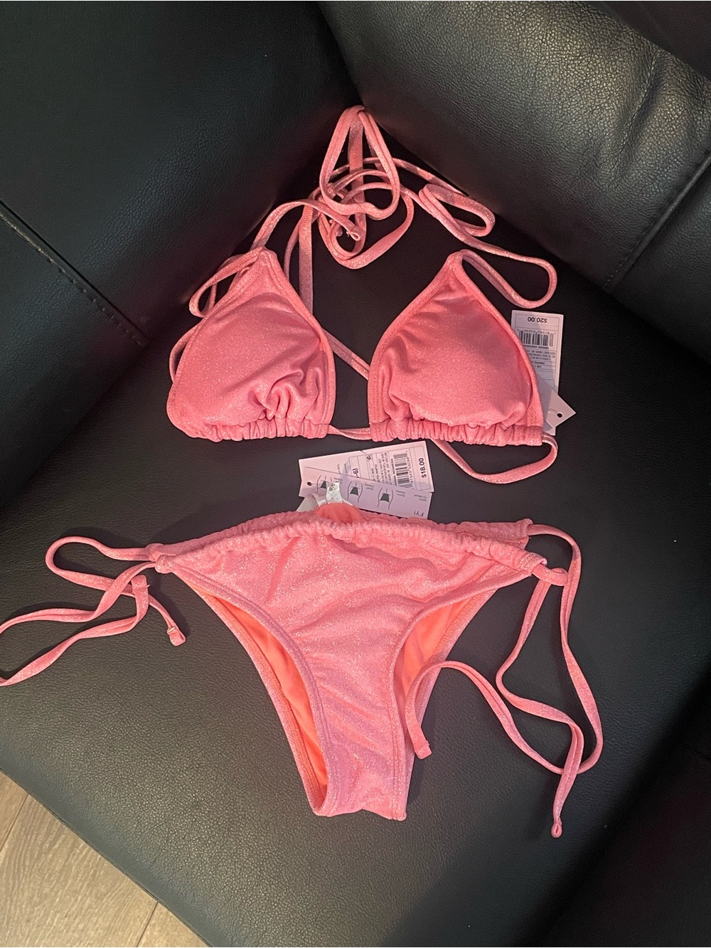 New glitter sparkle shimmer Pink Triangle String Bikini Set - Women swimsuit S